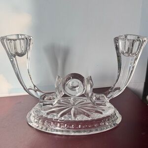 Vintage clear glass or crystal double-arm candelabra or candlestick holder